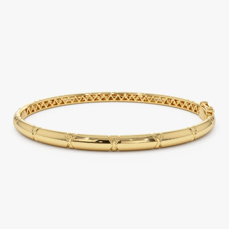 Linked-heart bracelet-14K 4MM Dome X Cut Design Gold Bangle