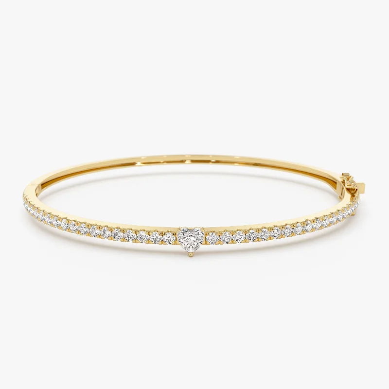 Delicate-band bracelet-14k Gold Heart Shaped and Round Diamond Bangle