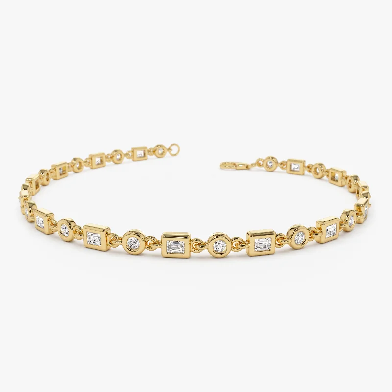 Linked-heart bracelet-14K Gold Round and Baguette Diamond Bracelet