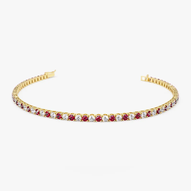 Thick gold bracelet-14k Prong Setting Diamond and Ruby Tennis Bracelet