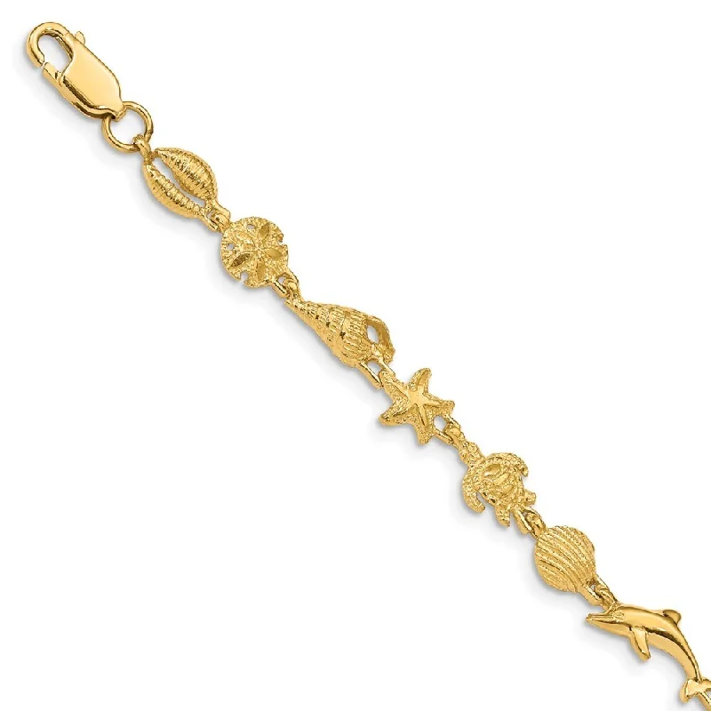 Tiered band bracelet-14k Yellow Gold 7mm Gold Polished and Textured Sea Life Bracelet, 7.25"