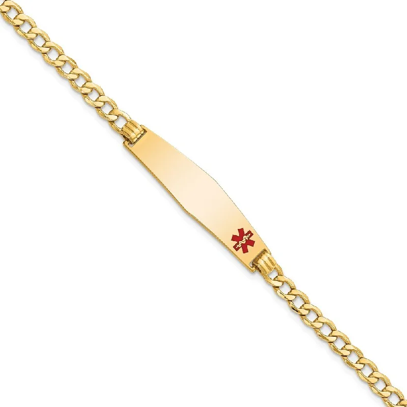 Icy topaz bracelet-14k Yellow Gold 8.5mm Semi-solid Medical Soft Diamond Shape Red Enamel Curb Link ID Bracelet, 7"