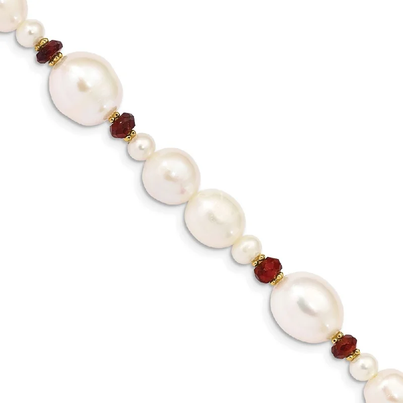 Vine-twist bracelet-14k Yellow Gold White Freshwater Cultured Pearl Faceted 4.0 Garnet Bead Bracelet, 7.25"