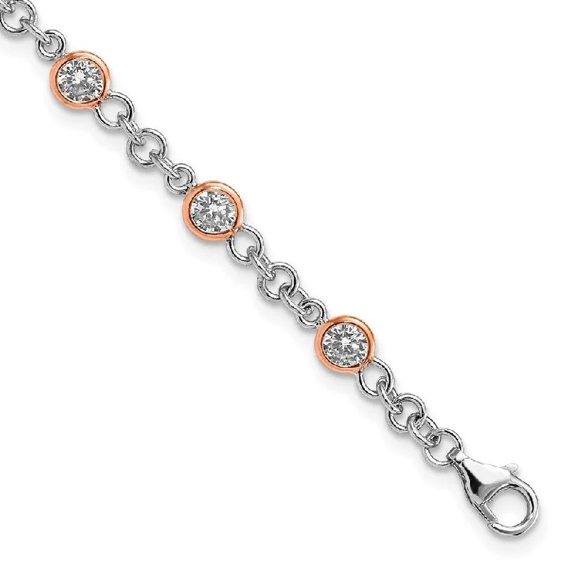 Faded silver bracelet-925 Sterling Silver Cheryl M Rose Gold-plated Cubic Zirconia Station Bracelet, 7.25"