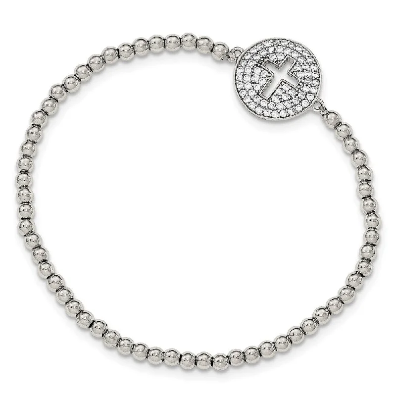 Clean-cut bracelet-925 Sterling Silver Rhodium-plated Cubic Zirconia Cross Beaded Stretch Bracelet