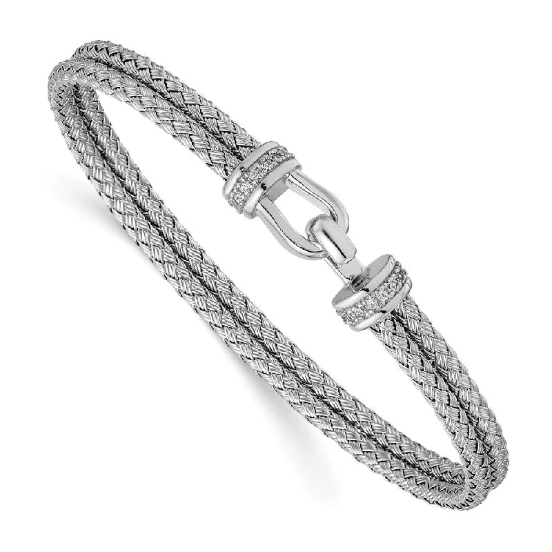 Ridge gem bracelet-925 Sterling Silver Rhodium-plated Cubic Zirconia Double Woven Flexible Cuff Bracelet