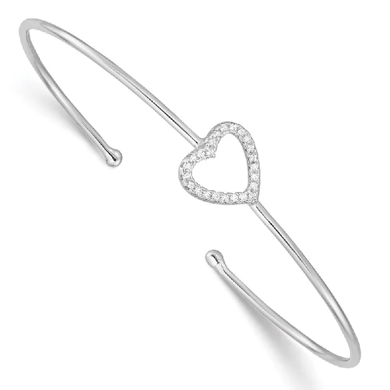 Classic-style opal bracelet-925 Sterling Silver Rhodium-plated Cubic Zirconia Heart Cuff Bangle Bracelet