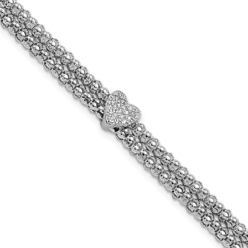 Solid pave bracelet-925 Sterling Silver Rhodium-plated Cubic Zirconia Heart Multi-strand Bracelet, 7.25"