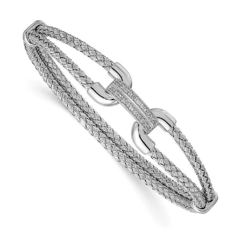 Craggy stone bracelet-925 Sterling Silver Rhodium-plated Cubic Zirconia Woven Flexible Cuff Bracelet