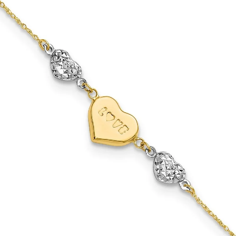 Nonagon charm bracelet-Curata 14k Two Tone Hollow Polished Spring Ring Gold Puffed Love Heart and Sparkle Cut Hearts Bracelet 7 Inch