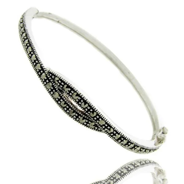 Broken-edge bracelet-Dolce Giavonna Sterling Silver Marcasite Bangle Bracelet