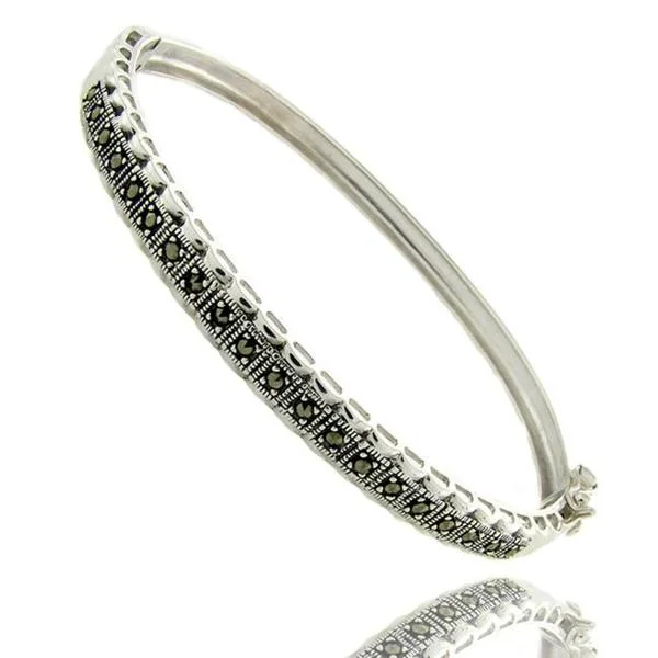 Lustrous gold bracelet-Dolce Giavonna Sterling Silver Marcasite Line Bangle Bracelet