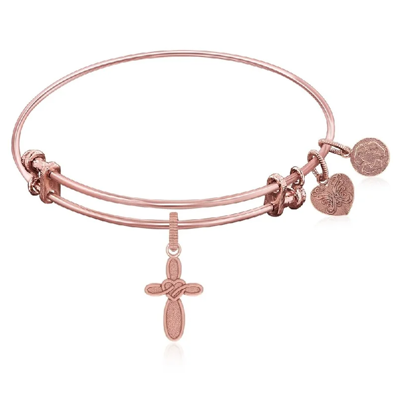 Ridge gem bracelet-Expandable Bangle in Pink Tone Brass with Cross with Heart Symbol