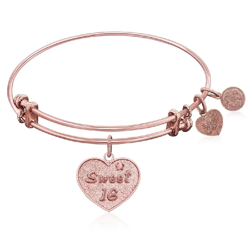 Brushed-edge bracelet-Expandable Bangle in Pink Tone Brass with Sweet 16 Symbol