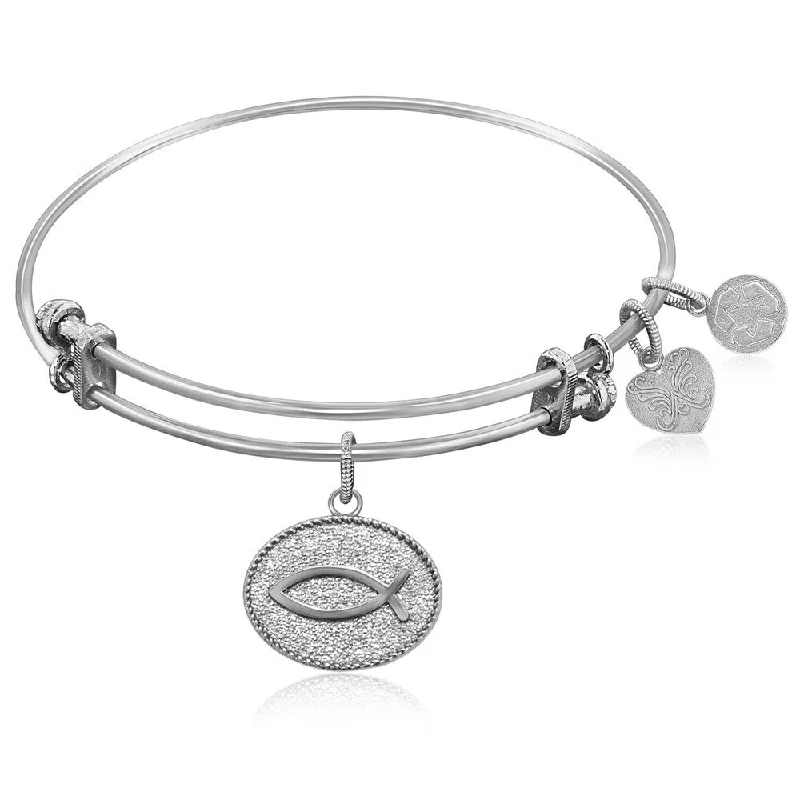 Kite charm bracelet-Expandable Bangle in White Tone Brass with Christian Fish Ichthys Symbol