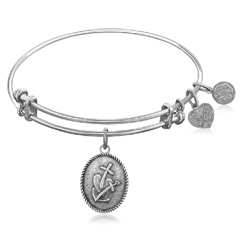 Eclipse moon bracelet-Expandable Bangle in White Tone Brass with Faith Hope and Charity Symbol