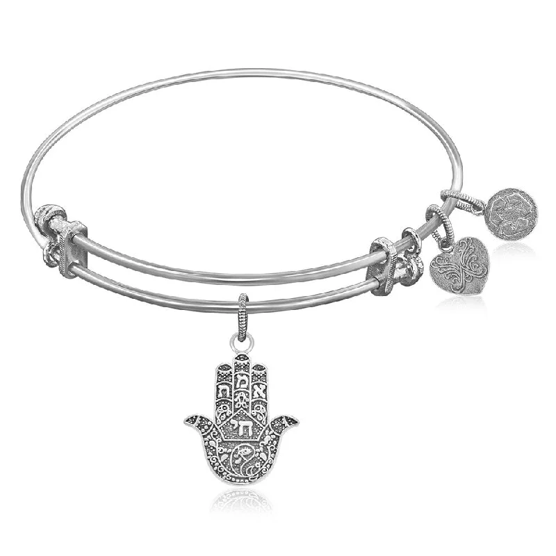 Classic lapis bracelet-Expandable Bangle in White Tone Brass with Hamsa Hand Symbol