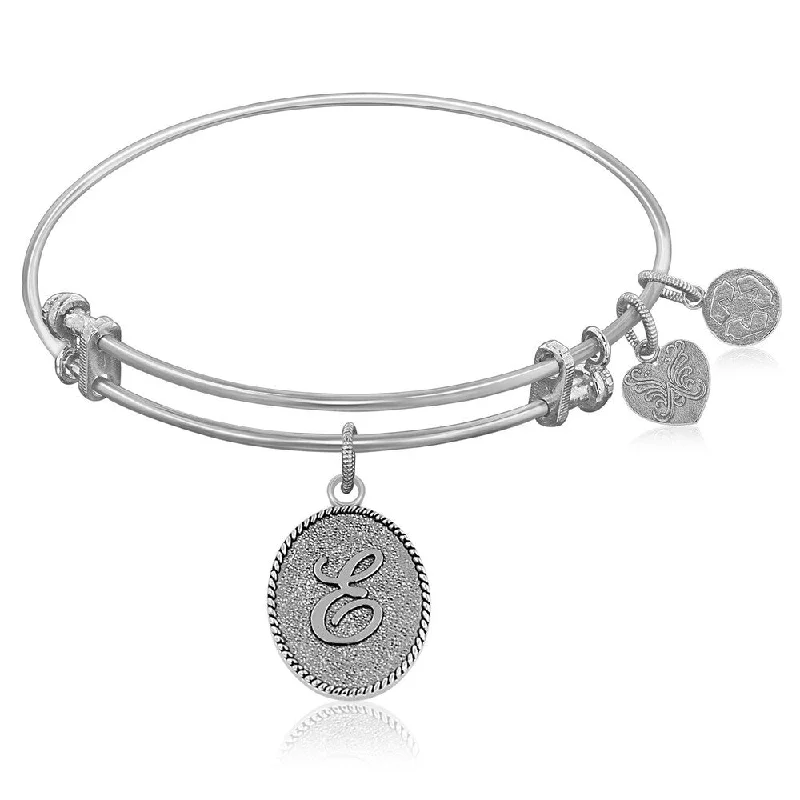 Burnished pewter bracelet-Expandable Bangle in White Tone Brass with Initial E Symbol