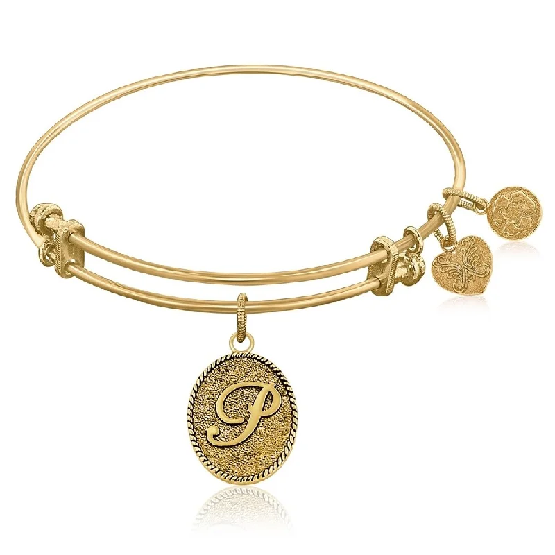 Cut-out bracelet-Expandable Bangle in Yellow Tone Brass with Initial P Symbol