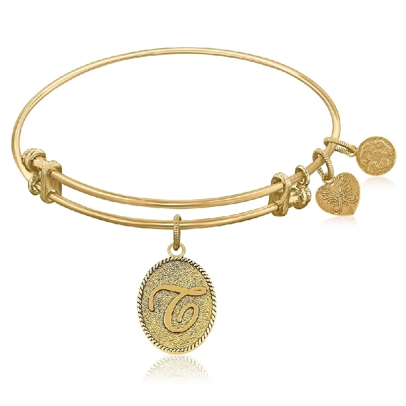 Faint finish bracelet-Expandable Bangle in Yellow Tone Brass with Initial T Symbol