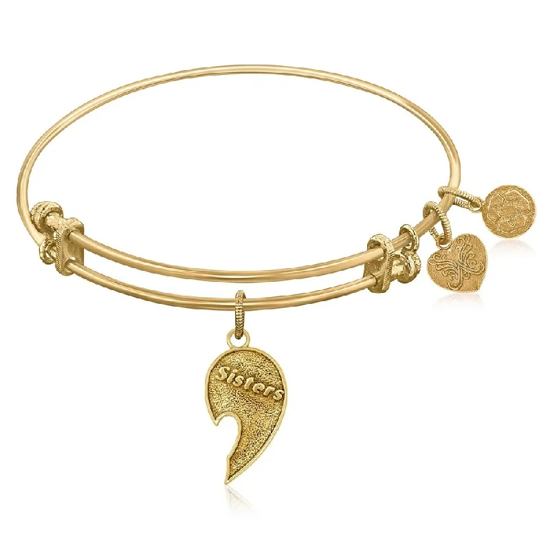 Solid pave bracelet-Expandable Bangle in Yellow Tone Brass with Inseparable Sisters Symbol