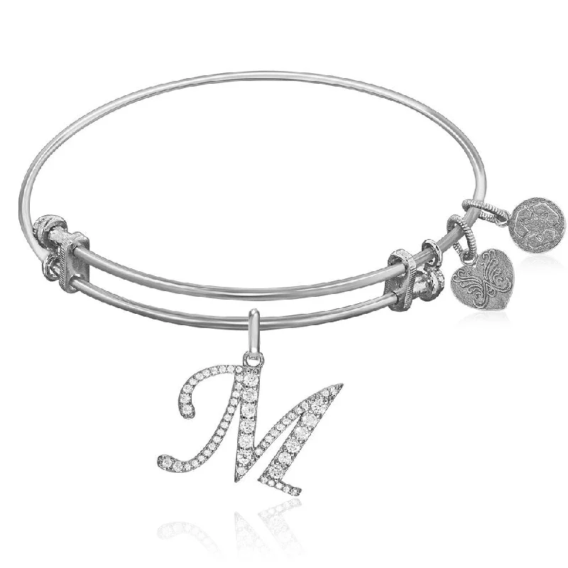 Faded silver bracelet-Expandable White Tone Brass Bangle with M Symbol with Cubic Zirconia