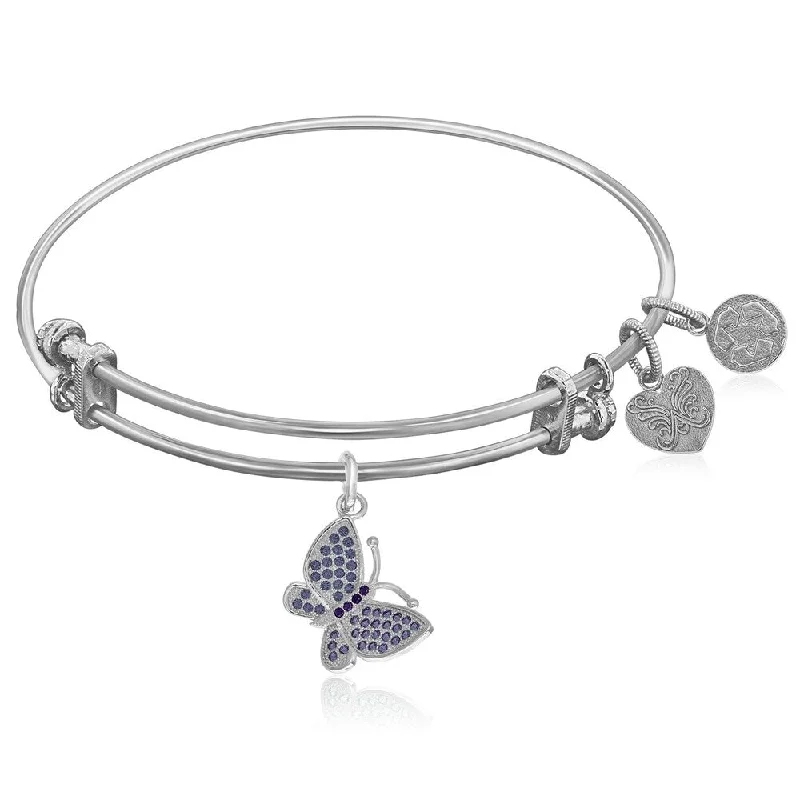 Glimmering crystal bracelet-Expandable White Tone Brass Bangle with Purple CZ Butterfly Symbol