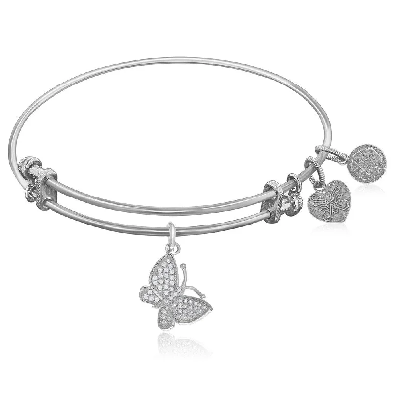 Ripple-wave bracelet-Expandable White Tone Brass Bangle with White CZ Butterfly Symbol