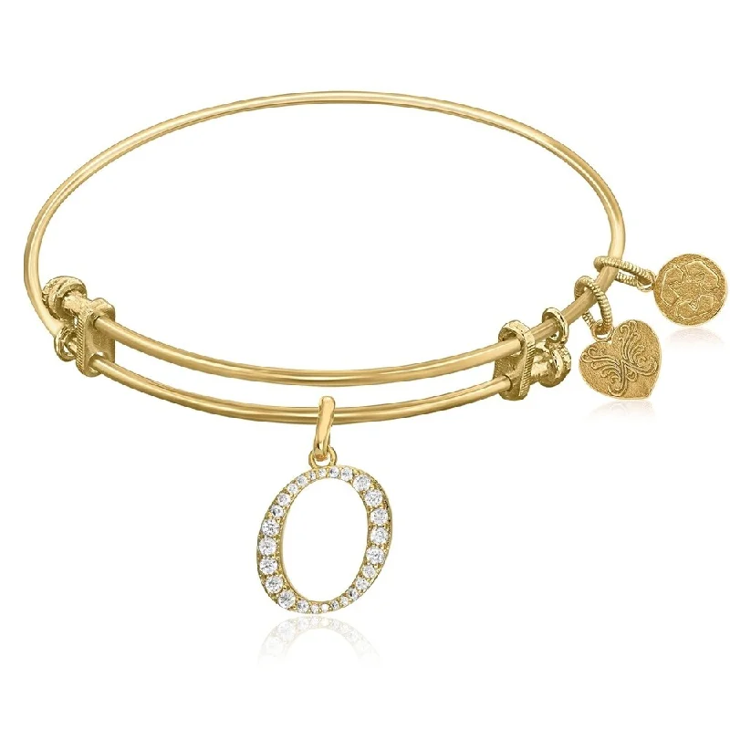 Embossed gem bracelet-Expandable Yellow Tone Brass Bangle with O Symbol with Cubic Zirconia