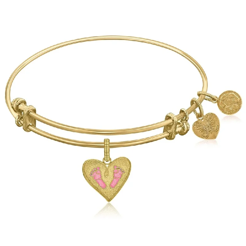 Crest motif bracelet-Expandable Yellow Tone Brass Bangle with Pink Enamel Baby Foot Print Symbol