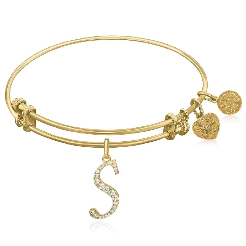 Mottled stone bracelet-Expandable Yellow Tone Brass Bangle with S Symbol with Cubic Zirconia