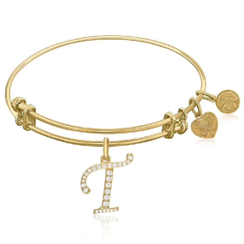 Rounded gem bracelet-Expandable Yellow Tone Brass Bangle with T Symbol with Cubic Zirconia