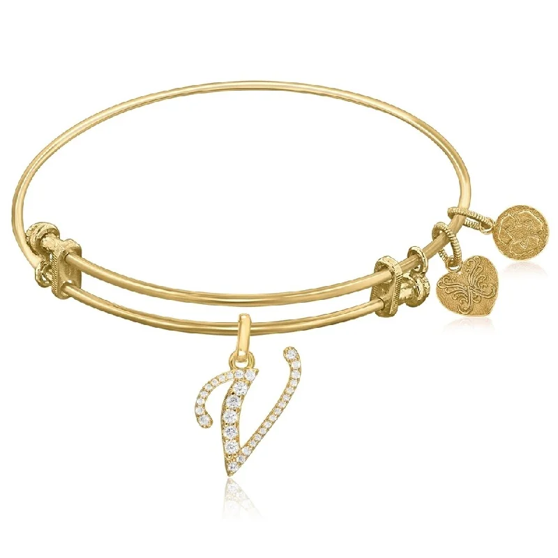 Faded finish bracelet-Expandable Yellow Tone Brass Bangle with V Symbol with Cubic Zirconia