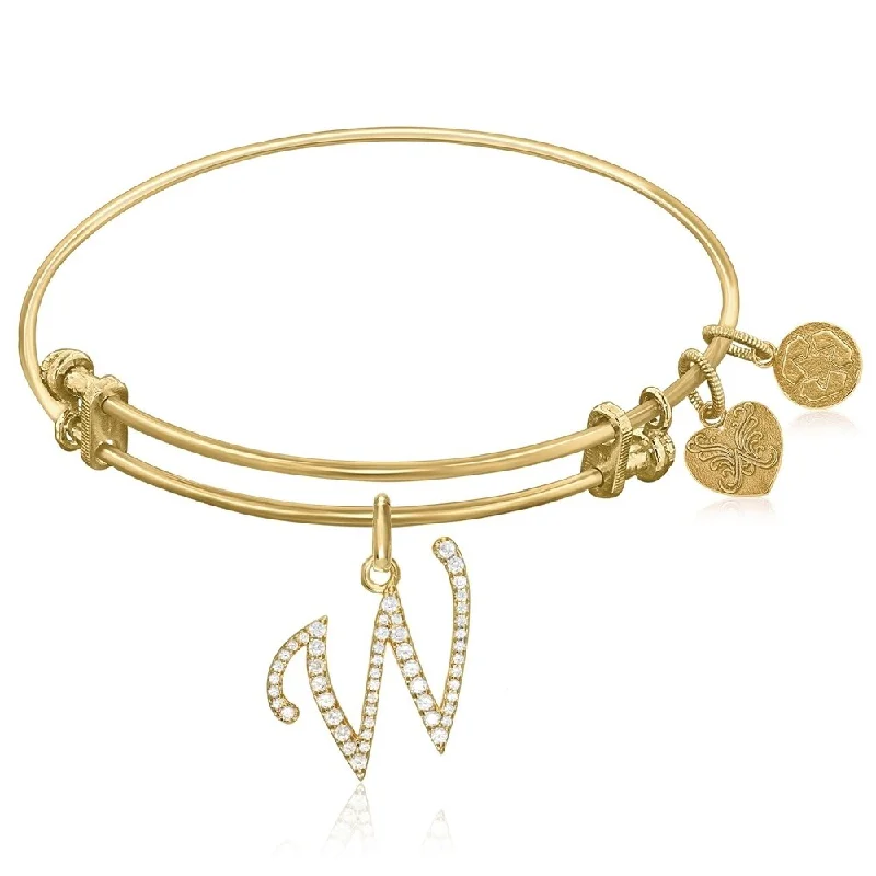 Stacked birthstone bracelet-Expandable Yellow Tone Brass Bangle with W Symbol with Cubic Zirconia