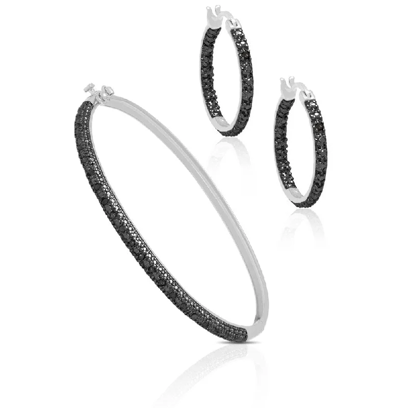 Blocked band bracelet-Finesque Sterling Silver Black Diamond Bangle with Bonus Earrings