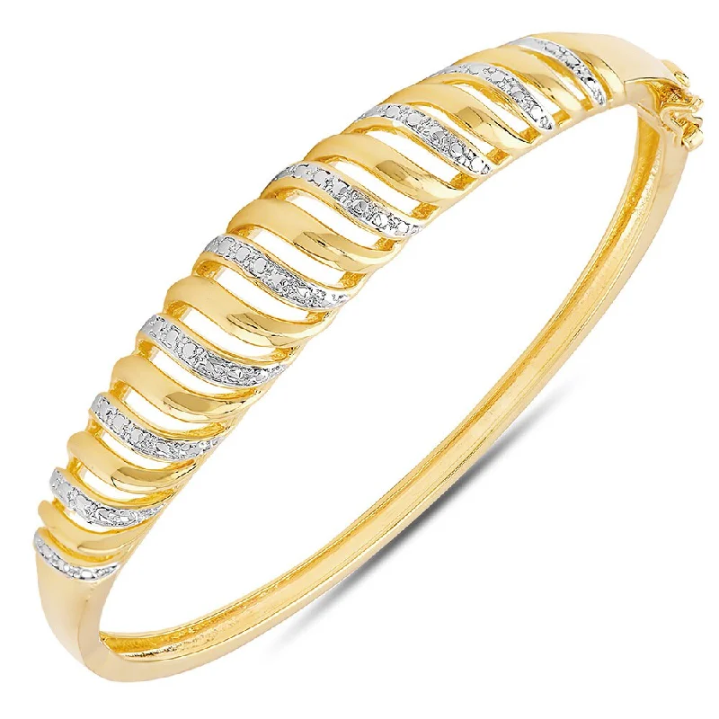 Mottled stone bracelet-Finesque Yellow or Rose Gold Overlay Diamond Accent Stripe Bangle