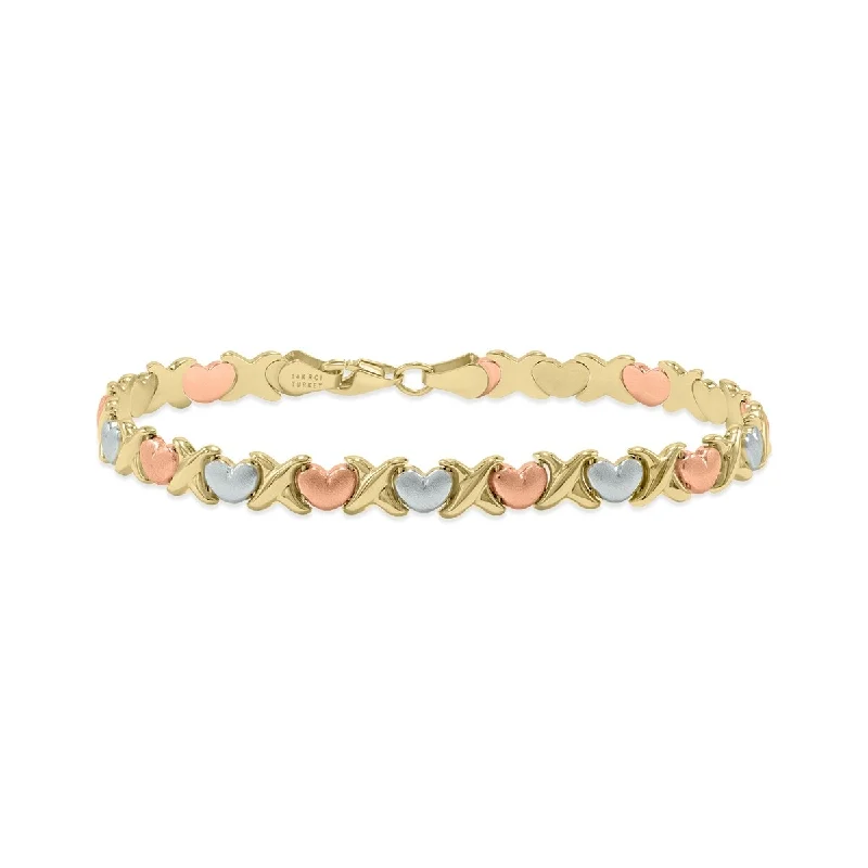 Angled design bracelet-Marquee Jewels 14K Tri-color Gold X & O Heart Stampato Bracelet