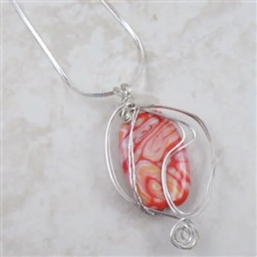 Furrowed design necklace-Handmade Red Artisan Wire Wrap Pendant on Silver Chain Necklace