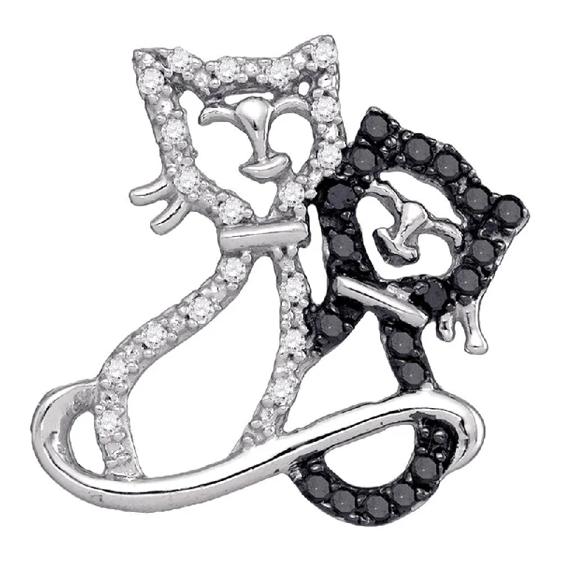 Fine-etched necklace-10k White Gold Black Color Enhanced Diamond Kitty Cat Animal Womens Pendant 1/6 Cttw