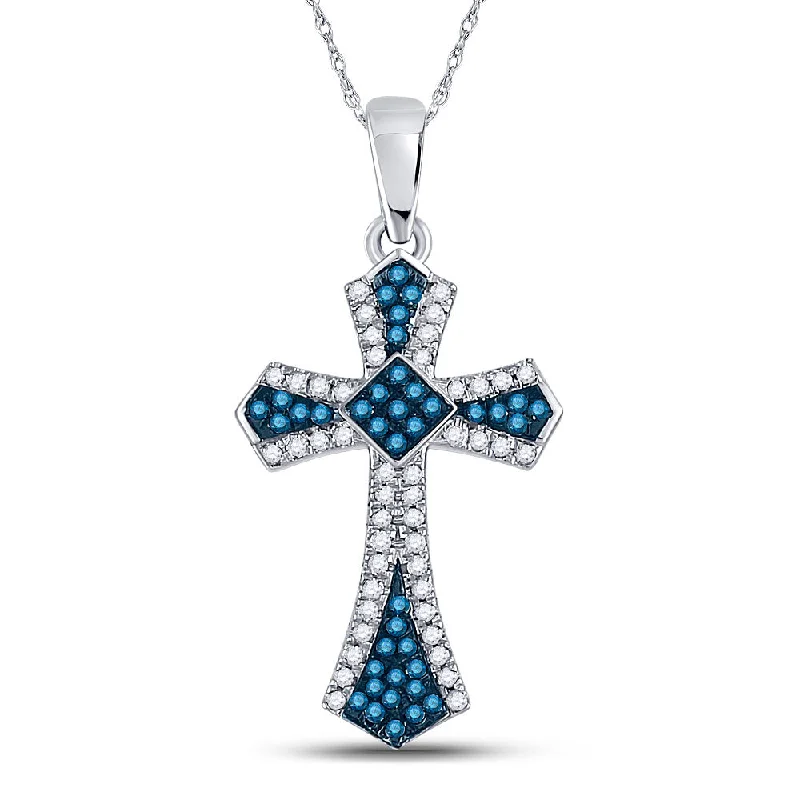 Faint silver necklace-10k White Gold Blue Color Enhanced Diamond Womens Cross Crucifix Pendant 1/4 Cttw