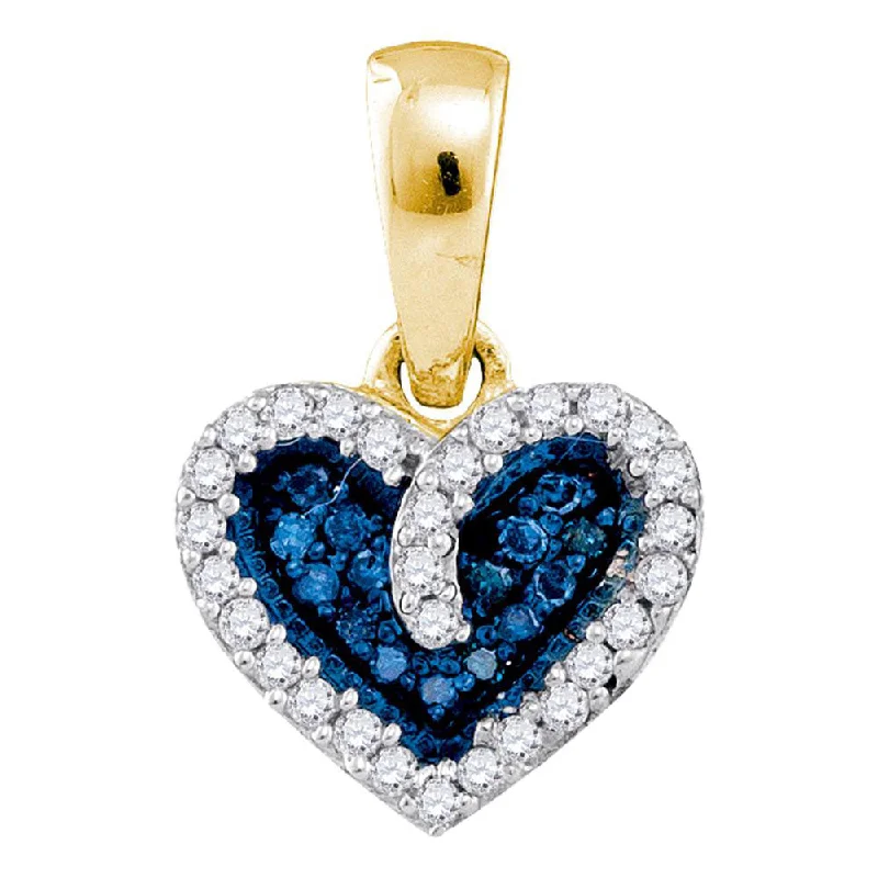 Furrowed design necklace-10k Yellow Gold Blue Color Enhanced Round Diamond Womens Heart Anniversary Pendant 1/10 Cttw