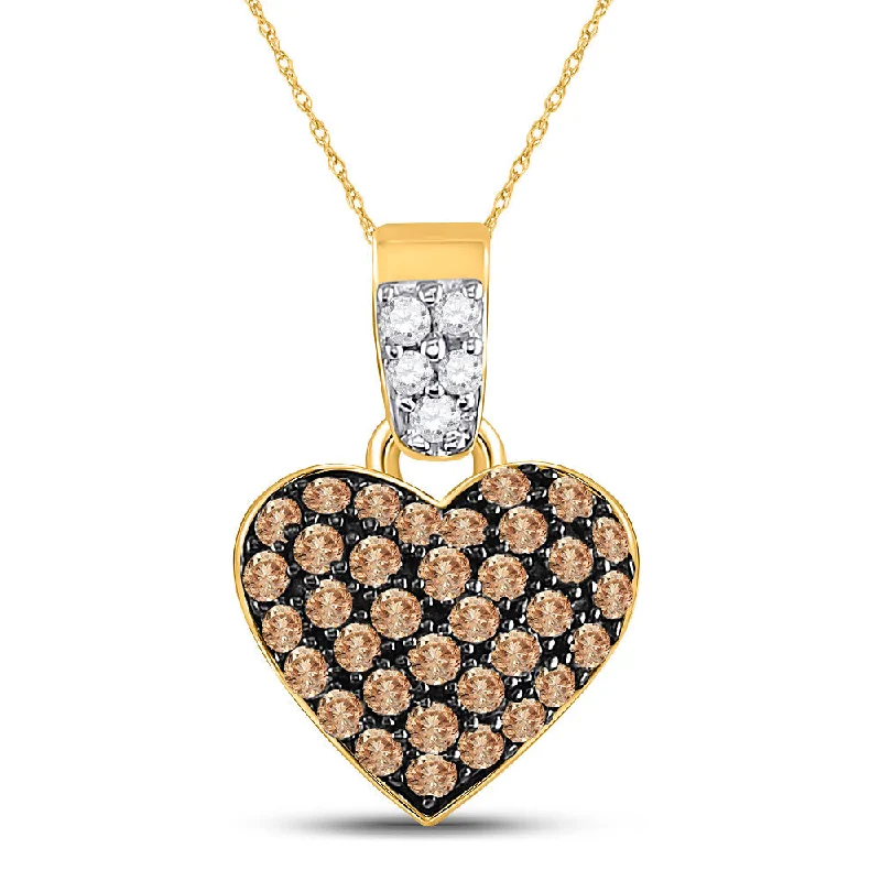 Faceted crystal necklace-10k Yellow Gold Brown Round Cluster Diamond Womens Heart Pendant 3/8 Cttw