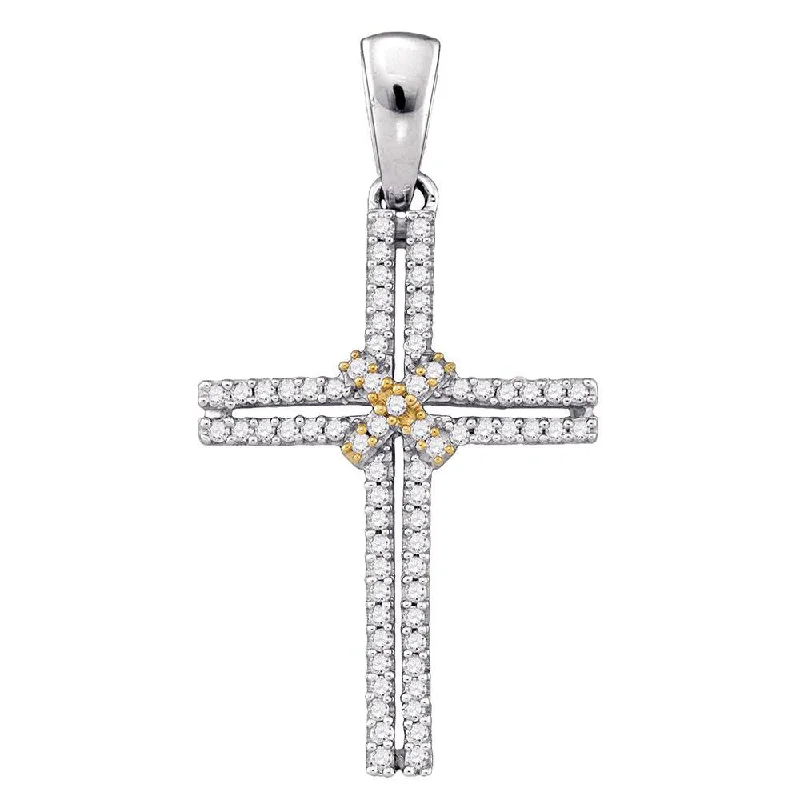 Latched necklace-10kt Two-tone Gold Womens Round Diamond Bound Cross Religious Pendant 1/5 Cttw