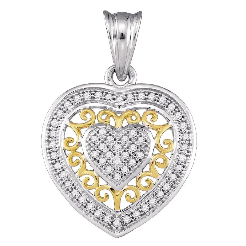 Shiny pewter necklace-10kt Two-tone Gold Womens Round Diamond Openwork Heart Pendant 1/6 Cttw