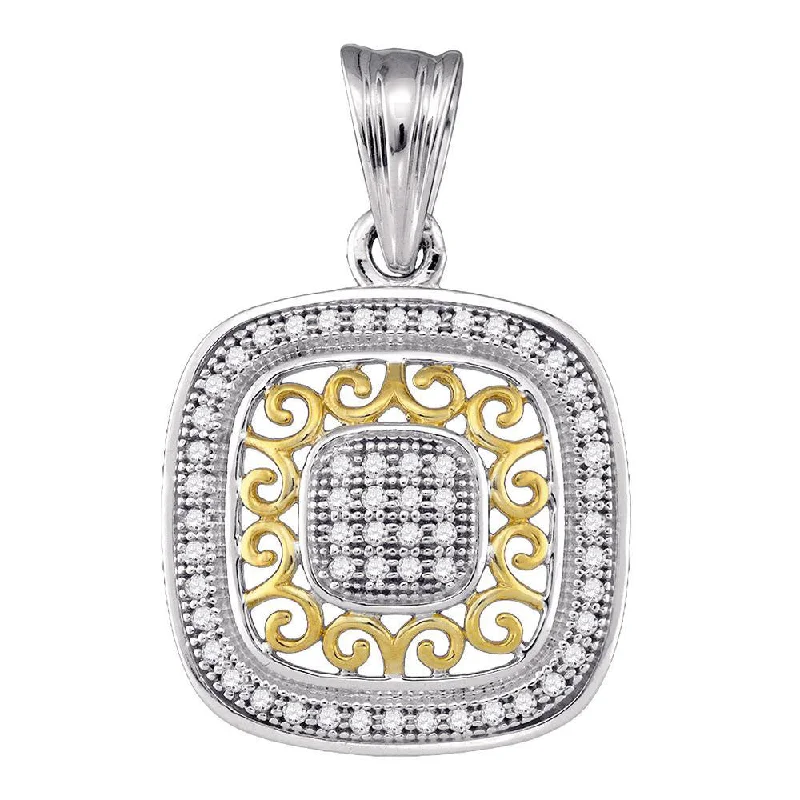 Crest motif necklace-10kt Two-tone Gold Womens Round Diamond Square Pendant 1/6 Cttw