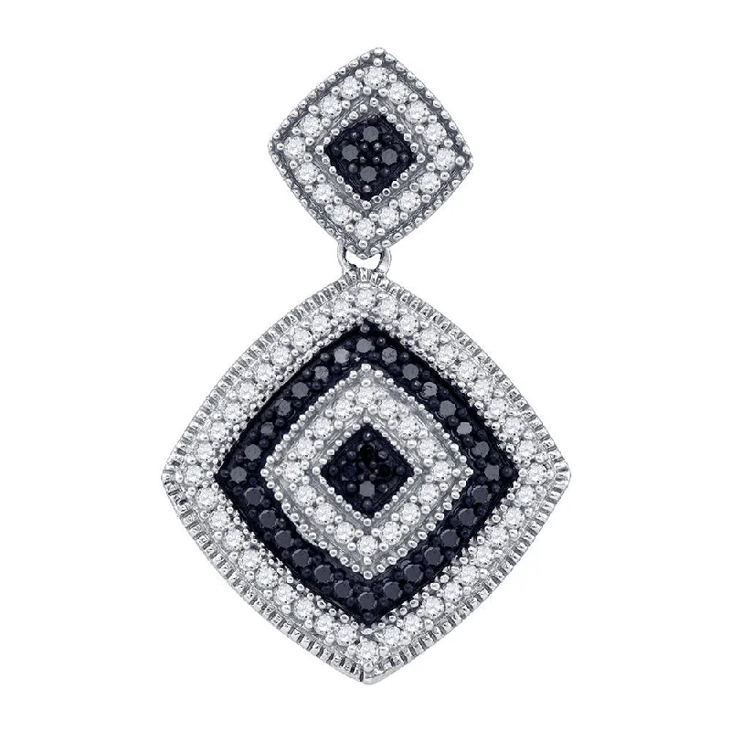 Classic topaz necklace-10kt White Gold Womens Round Black Color Enhanced Diamond Concentric Square Pendant 1/3 Cttw