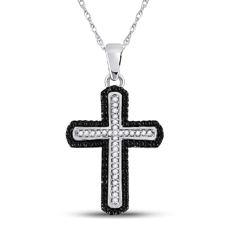 Sprout-shaped necklace-10kt White Gold Womens Round Black Color Enhanced Diamond Cross Pendant 1/5 Cttw