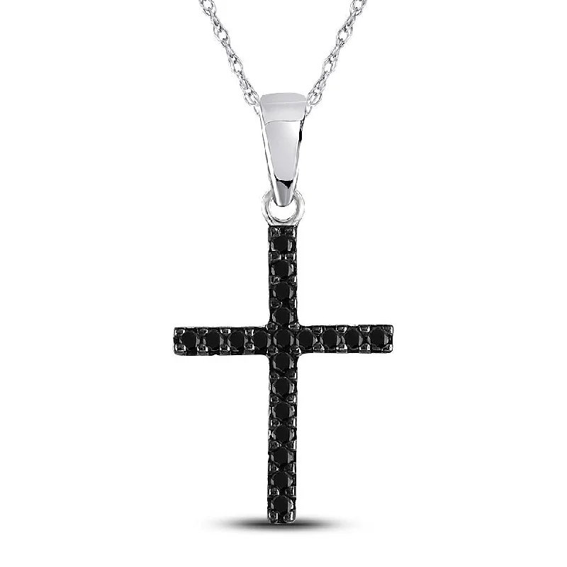 Sprout-shaped necklace-10kt White Gold Womens Round Black Color Enhanced Diamond Cross Religious Pendant 1/5 Cttw