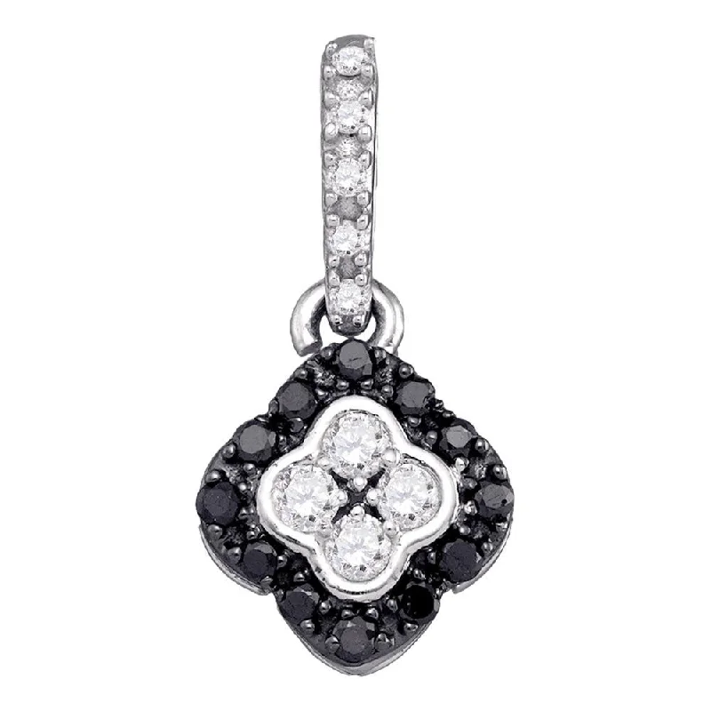 Soft morganite necklace-10kt White Gold Womens Round Black Color Enhanced Diamond Quatrefoil Cluster Pendant 1/3 Cttw