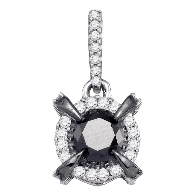 Ridged necklace-10kt White Gold Womens Round Black Color Enhanced Diamond Solitaire Pendant 1 Cttw